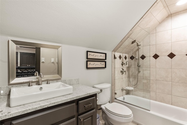 full bath with vaulted ceiling, shower / bathtub combination, toilet, and vanity