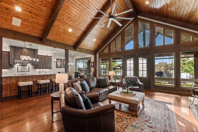 living area featuring hardwood / wood-style flooring, wood ceiling, beamed ceiling, and high vaulted ceiling