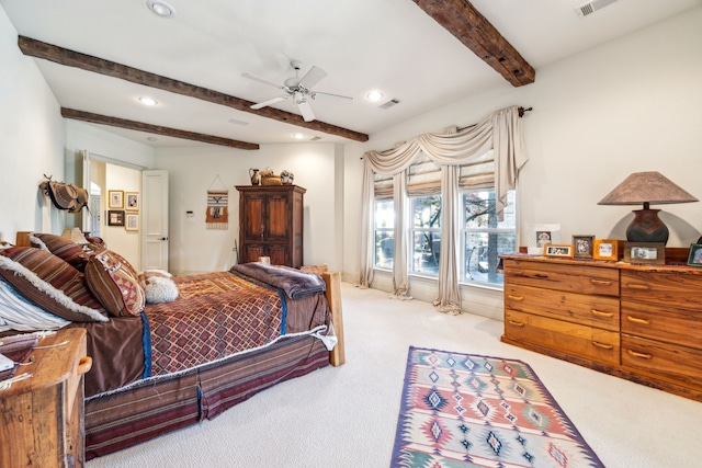 bedroom with recessed lighting, light colored carpet, beam ceiling, and visible vents