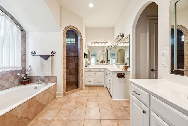 full bathroom with vanity, tile patterned floors, recessed lighting, tiled shower, and a garden tub