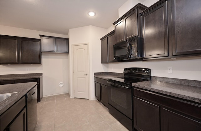 kitchen featuring dark brown cabinets, dark countertops, recessed lighting, black appliances, and light tile patterned floors