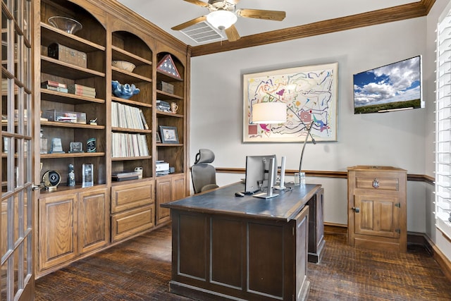 office space with a ceiling fan, baseboards, ornamental molding, and visible vents