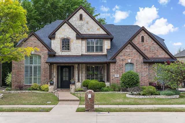 view of front of property with stone siding, a front lawn, roof with shingles, and brick siding