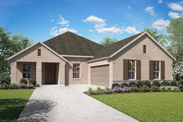 view of front facade with a front lawn, driveway, a garage, and brick siding