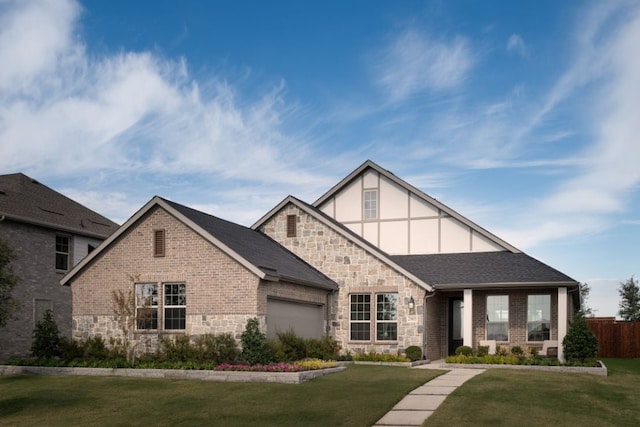 tudor house featuring fence, a front yard, an attached garage, and stone siding