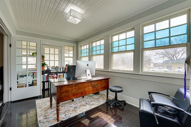 office space with dark wood-style floors and ornamental molding
