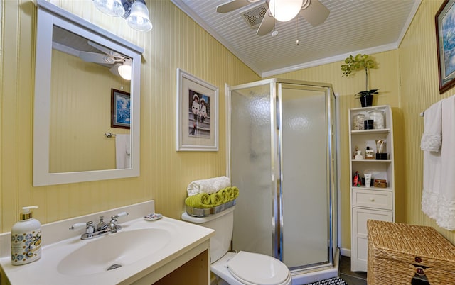 bathroom featuring visible vents, vanity, a stall shower, and toilet