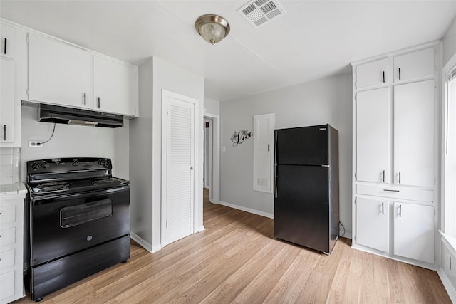 3717 Parkwood St, Waco, TX 76710 - kitchen featuring black appliances, light wood-style floors, light countertops, under cabinet range hood, and visible vents