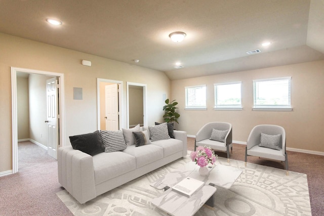 living area with baseboards, visible vents, recessed lighting, and light colored carpet