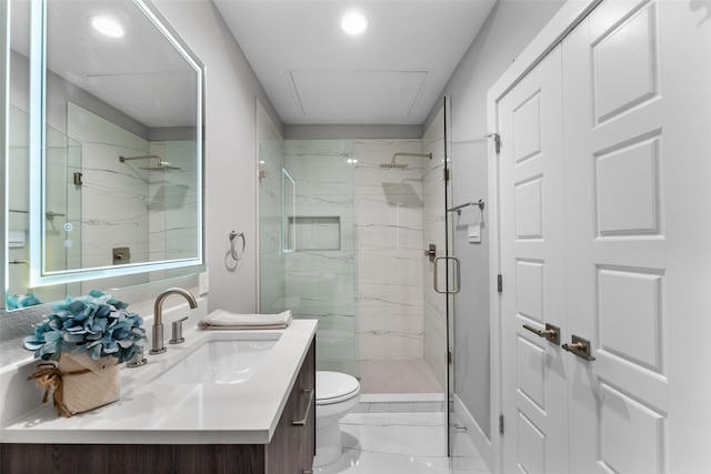 full bath featuring vanity, toilet, a marble finish shower, marble finish floor, and recessed lighting