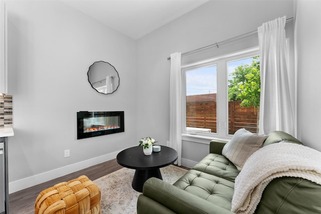 living area featuring baseboards, a glass covered fireplace, and wood finished floors