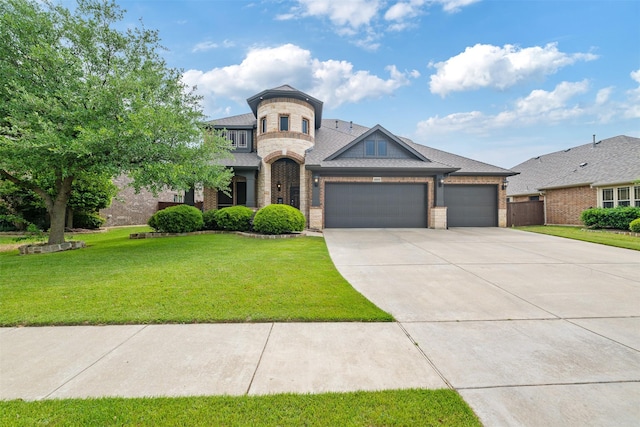 view of front facade featuring brick siding, driveway, a front lawn, and a garage