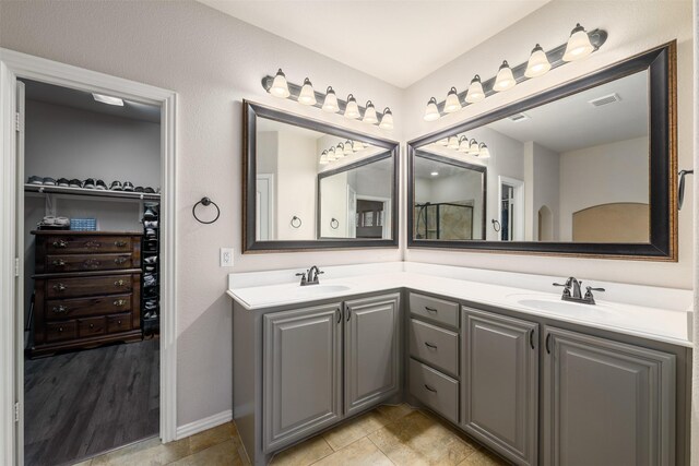 bathroom featuring a spacious closet, visible vents, a sink, and double vanity