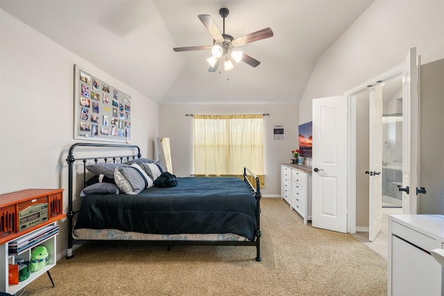 bedroom featuring ceiling fan, light carpet, french doors, baseboards, and lofted ceiling