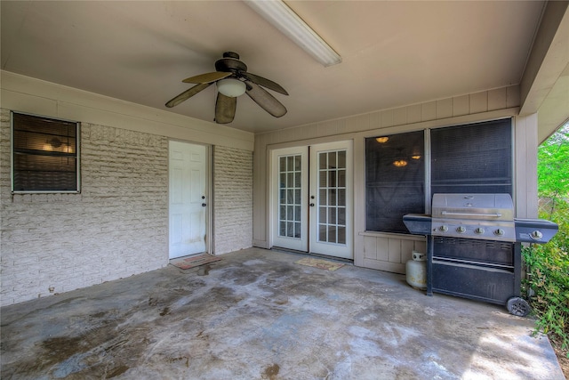 view of patio / terrace with a grill, french doors, and ceiling fan
