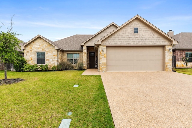 10009 Wildberry Dr, Waco, TX 76712 - view of front facade with stone siding, driveway, a garage, a front lawn, and a shingled roof