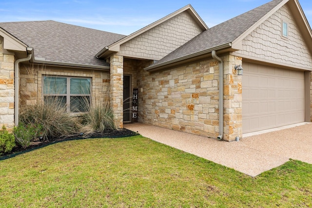 10009 Wildberry Dr, Waco, TX 76712 - ranch-style house with stone siding, a shingled roof, a garage, and a front yard