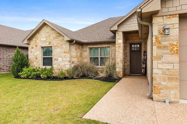 10009 Wildberry Dr, Waco, TX 76712 - doorway to property with stone siding, a shingled roof, and a lawn