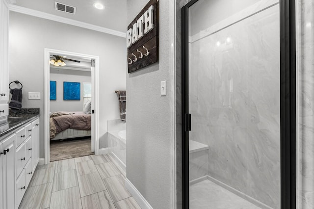 10009 Wildberry Dr, Waco, TX 76712 - full bathroom featuring crown molding, ensuite bathroom, visible vents, ceiling fan, and vanity