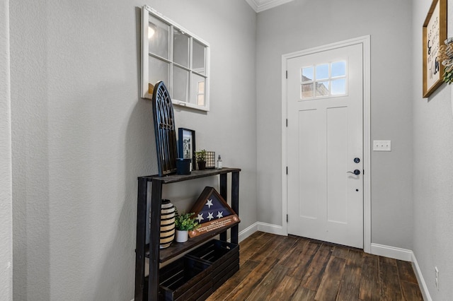 10009 Wildberry Dr, Waco, TX 76712 - foyer featuring baseboards, ornamental molding, and dark wood-style floors