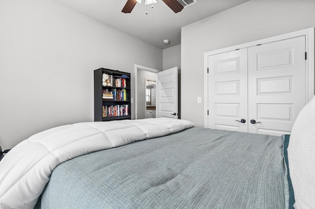 10009 Wildberry Dr, Waco, TX 76712 - bedroom featuring ceiling fan, a closet, and visible vents