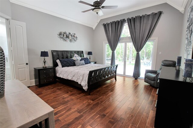 bedroom featuring lofted ceiling, dark wood-style floors, ornamental molding, access to outside, and ceiling fan