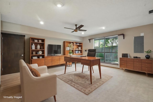 5112 River Ridge Rd, Arlington, TX 76017 - office featuring electric panel, a ceiling fan, light carpet, and recessed lighting