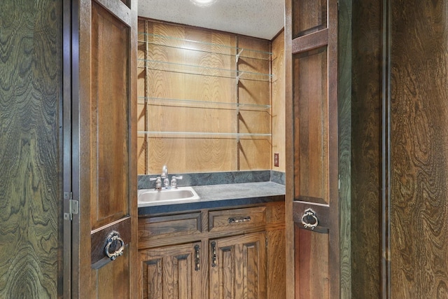 5112 River Ridge Rd, Arlington, TX 76017 - bathroom featuring vanity, a textured ceiling, and wood walls