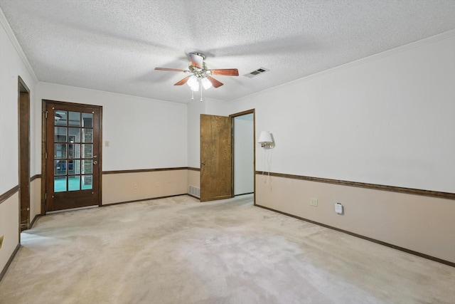 5112 River Ridge Rd, Arlington, TX 76017 - carpeted empty room featuring ceiling fan, a textured ceiling, baseboards, and ornamental molding