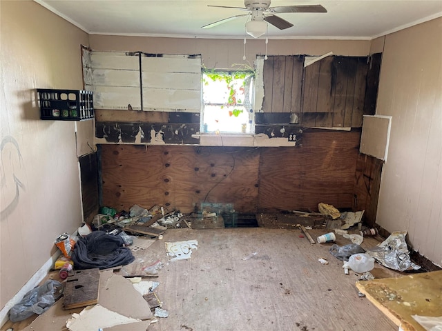 kitchen featuring ornamental molding and a ceiling fan