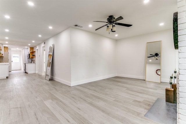 unfurnished living room with recessed lighting, light wood-style floors, and ceiling fan