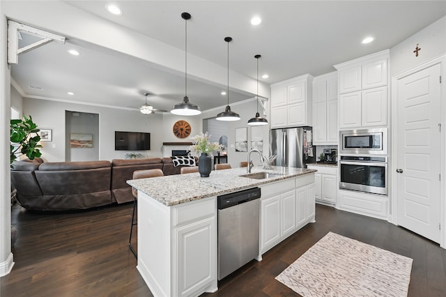 kitchen featuring stainless steel appliances, a sink, a ceiling fan, dark wood finished floors, and recessed lighting