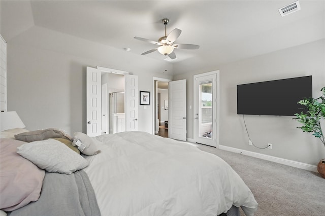 carpeted bedroom featuring access to outside, baseboards, ceiling fan, and connected bathroom
