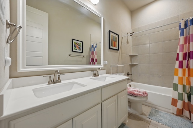 bathroom with tile patterned floors, double vanity, shower / bath combo with shower curtain, and toilet