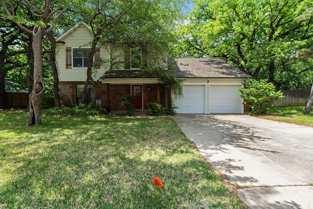 view of front of property featuring fence, a front lawn, concrete driveway, brick siding, and a garage