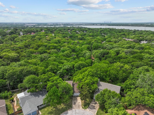 birds eye view of property with a forest view and a water view