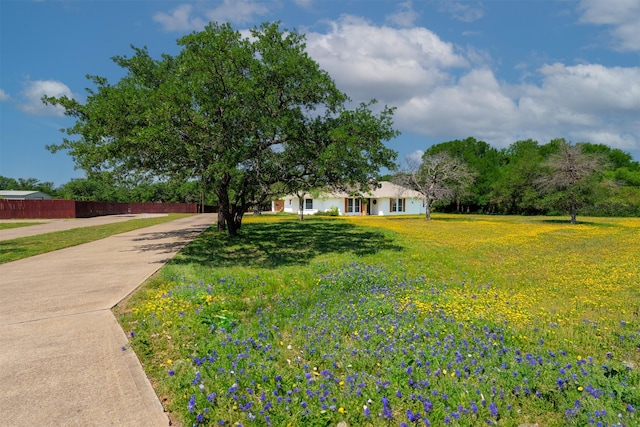 view of front of house with fence, driveway, and a front yard