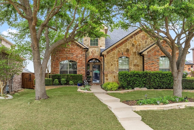 view of front of property featuring stone siding, a front lawn, and fence