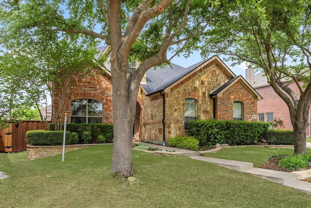 view of front of property with a front lawn, stone siding, a chimney, fence, and brick siding