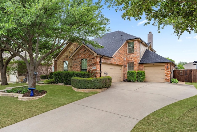 547 Reed Dr, Fate, TX 75087 - traditional-style house with a front lawn, fence, a chimney, brick siding, and a shingled roof