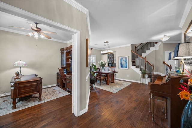entrance foyer with stairs, crown molding, dark wood-type flooring, and baseboards