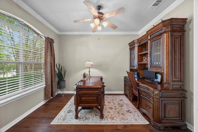 home office with dark wood finished floors, visible vents, a ceiling fan, crown molding, and baseboards