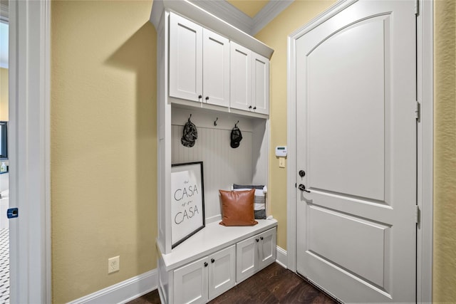 mudroom with dark wood-type flooring and crown molding