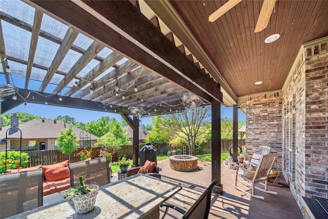 view of patio / terrace featuring a pergola, a fenced backyard, and an outdoor fire pit