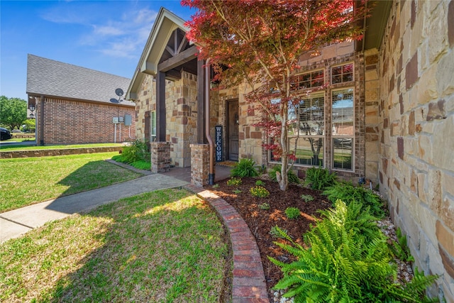 view of exterior entry featuring a yard and stone siding