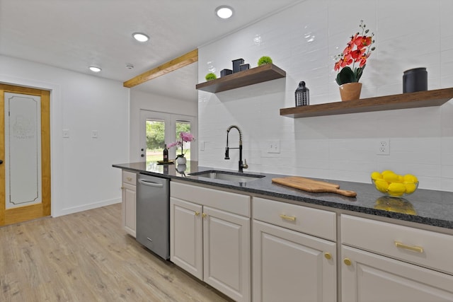 kitchen with open shelves, a sink, light wood-style floors, decorative backsplash, and stainless steel dishwasher
