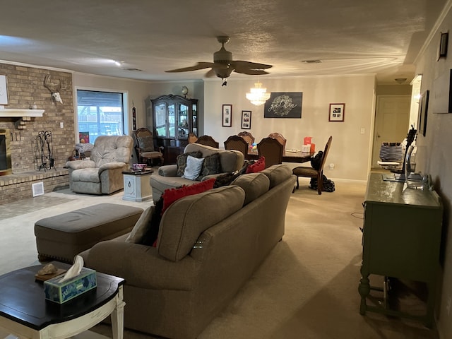 living room with visible vents, a ceiling fan, light carpet, crown molding, and a fireplace