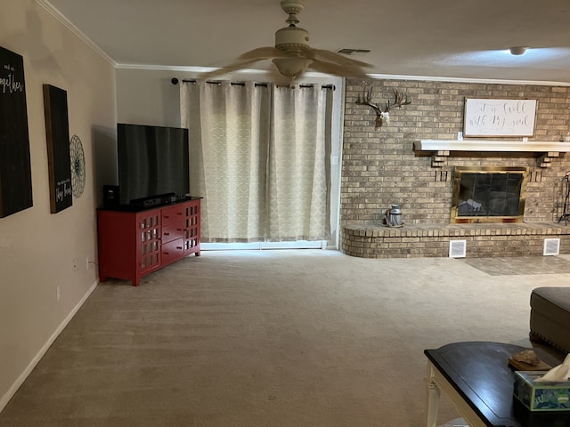 carpeted living room featuring a ceiling fan, crown molding, baseboards, a brick fireplace, and visible vents