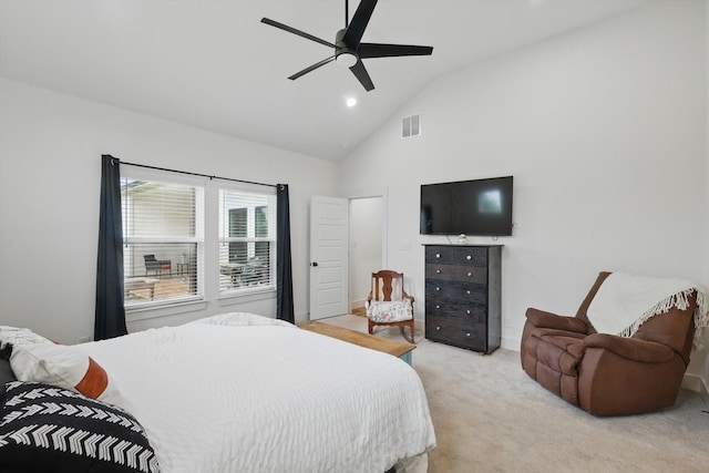 3728 George Owens Rd, Ponder, TX 76259 - bedroom with light carpet, high vaulted ceiling, a ceiling fan, recessed lighting, and baseboards