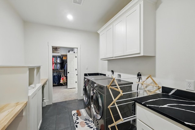 3728 George Owens Rd, Ponder, TX 76259 - clothes washing area with independent washer and dryer, cabinet space, and dark tile patterned flooring